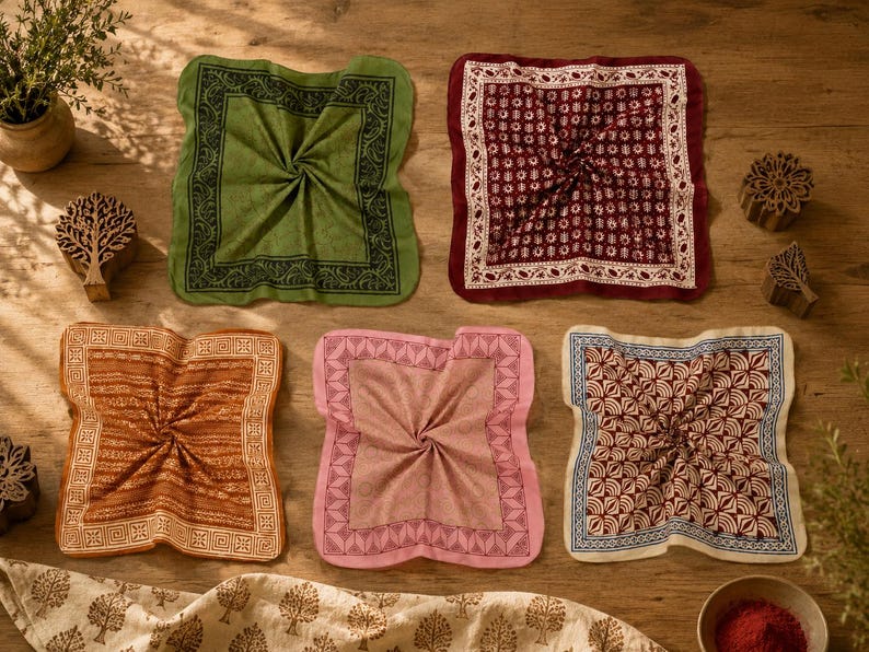 May include: Five square fabric napkins featuring block-printed patterns in olive green, deep red, burnt orange, soft pink, and cream with blue. Each napkin displays a distinct geometric or floral border and centre design, arranged on a wooden surface.