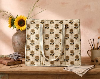 Handmade Quilted Cotton Tote Bag for Women, Sunflower Floral Print Shoulder Bag, Eco Friendly Reusable Shopping Bag, Boho Summer Beach Bag |