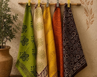Set of 5 Handmade Block Printed Bandanas | Lightweight Summer Scarf | Eco Friendly Boho Style