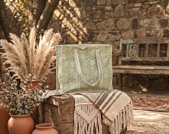 Borsa a tracolla in cotone fatta a mano / Borsa tote trapuntata con stampa floreale / Borsa tote trapuntata con stampa floreale verde salvia / Borsa shopping boho riutilizzabile / Borsa a tracolla in cotone