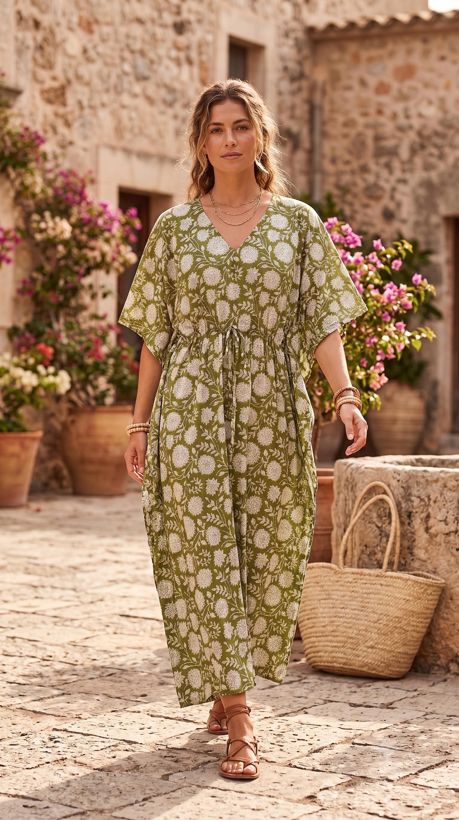 olive green kaftan dress Block Print Dress, Cotton Beach Cover Up, Maxi Kaftan, Floral Lounge Dress, Resort Wear, Adjustable Drawstring Caftan gold embroidered bridal gown