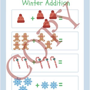 May include: A winter-themed educational worksheet titled "Winter Addition" in green. The worksheet includes addition problems with illustrations of winter hats, gingerbread men, candy canes, and snowflakes. Spaces for a name and date are at the top.