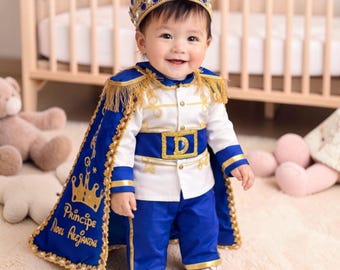Luxury White Prince Costume, Royal Blue & Gold, First Birthday Outfit