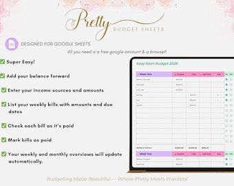 Easy Start Pastel Budget Planner Google Sheets Beginner Spreadsheet Monthly Expense Tracker Simple Digital Budget Template