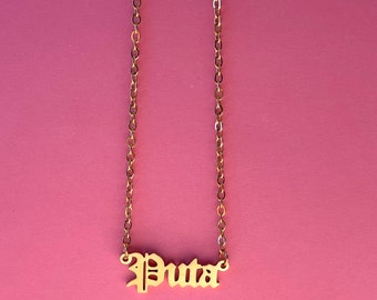 Puta Old English Nameplate Stainless Steel 90s Gold Plated