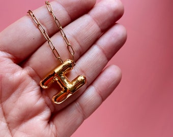 H Alphabet Bubble Letter Necklace Balloon Initial Gold Plated Brass Stainless Steel Chain
