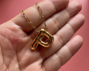 P Alphabet Bubble Letter Necklace Balloon Initial Gold Plated Brass Stainless Steel Chain