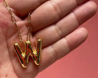 W Alphabet Bubble Letter Necklace Balloon Initial Gold Plated Brass Stainless Steel Chain