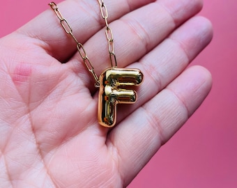 F Alphabet Bubble Letter Necklace Balloon Initial Gold Plated Brass Stainless Steel Chain