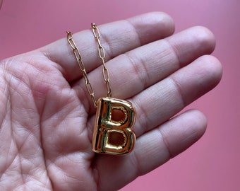 B Alphabet Bubble Letter Necklace Balloon Initial Gold Plated Brass Stainless Steel Chain