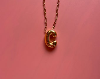 C Alphabet Bubble Letter Necklace Balloon Initial Gold Plated Brass Stainless Steel Chain