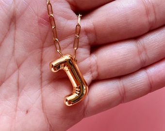 J Alphabet Bubble Letter Necklace Balloon Initial Gold Plated Brass Stainless Steel Chain