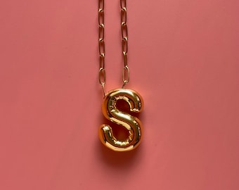 S Alphabet Bubble Letter Necklace Balloon Initial Gold Plated Brass Stainless Steel Chain