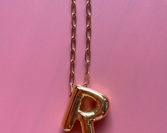 R Alphabet Bubble Letter Necklace Balloon Initial Gold Plated Brass Stainless Steel Chain