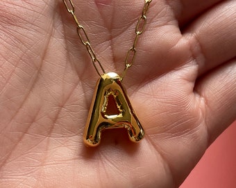 A Alphabet Bubble Letter Necklace Balloon Initial Gold Plated Brass Stainless Steel Chain