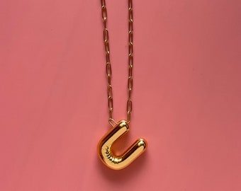 U Alphabet Bubble Letter Necklace Balloon Initial Gold Plated Brass Stainless Steel Chain