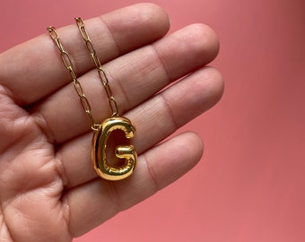 G Alphabet Bubble Letter Necklace Balloon Initial Gold Plated Brass Stainless Steel Chain