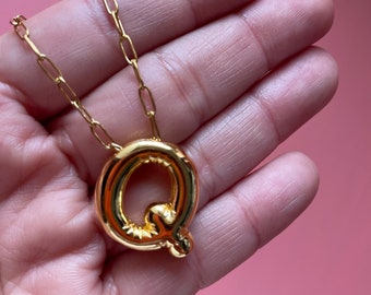 Q Alphabet Bubble Letter Necklace Balloon Initial Gold Plated Brass Stainless Steel Chain
