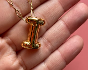 I Alphabet Bubble Letter Necklace Balloon Initial Gold Plated Brass Stainless Steel Chain