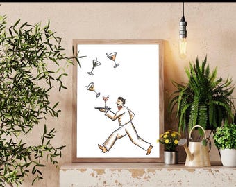 French Waiter Martini Juggler Print • Vintage Bar Cart Art • Procreate Illustration • Cocktail Kitchen Wall Decor • Digital Download