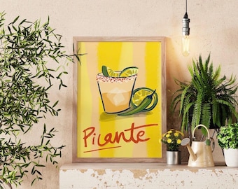 Picante Cocktail Print – Spicy Margarita Digital Art, Bold Yellow Wall Art, Kitchen Bar Decor, Digital download | Instant download