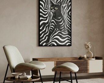 Black Cat Wall Art Printable | Surreal Optical Illusion Cat Art | Modern Minimal Monochrome Art | Digital Download