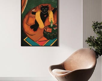 Black Cat Wall Art Print | Chic Vintage Cat Illustration | Moody Lounge Artwork | Modern Retro Home Decor | Digital Download