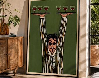 フランス人ウェイターが飲み物を運ぶ様子 - バーカートアート - 美的壁アート - ポスタープリントアート - 壁装飾 - バウハウスプリントアート