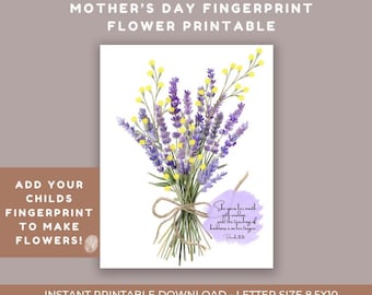 Muttertag Fingerabdruck Blume Printable | Kinder Handabdruck Blumenstrauß Andenken | Baby Kleinkind Handwerk Geschenk für Mo |Sprüche 31 Christian Wandkunst