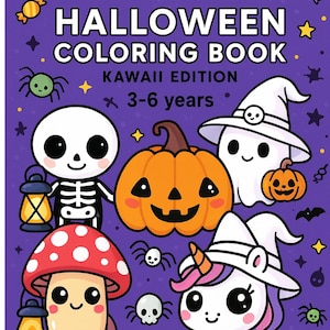 Könnte beinhalten: Ein lila Malbuchcover mit dem Titel "ABC Halloween Coloring Book" und dem Untertitel "Kawaii Edition 3-6 Jahre". Das Cover zeigt Cartoon-Illustrationen eines Skeletts, eines Kürbisses, eines Geistes, eines Pilzes und eines Einhorns.