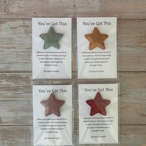 May include: Four star-shaped fabric items in green, gold, pink, and red, each on a white card. The cards read "You've Got This" with supportive text below. The items are displayed on a light wood surface.