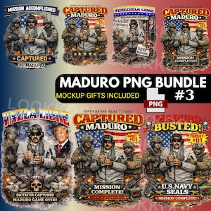 Könnte beinhalten: Ein digitales Kunstpaket mit mehreren Designs mit dem Text "Captured Maduro" und verwandten Themen. Die Designs umfassen Bilder von Soldaten, Flaggen und den Text "Mission Accomplished". Das Paket enthält Mockup-Geschenke.