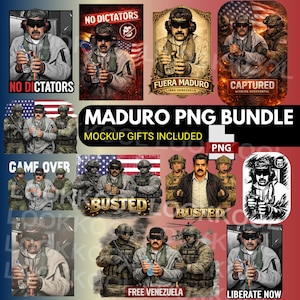 Könnte beinhalten: Ein digitales Kunstpaket mit verschiedenen Bildern einer Person, die eine Wasserflasche hält, mit Texten wie "NO DICTATORS" und "FUERA MADURO". Das Paket enthält PNG-Dateien und Mockup-Geschenke.