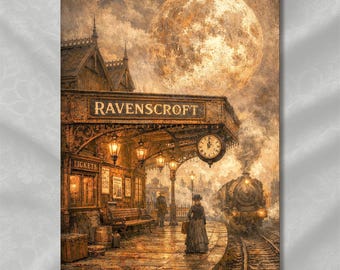 Può includere: Una stampa artistica di una stazione ferroviaria d'epoca di notte, con la scritta "Ravenscroft" sopra la piattaforma. Una luna piena brilla sullo sfondo, con un treno a vapore che si avvicina alla stazione. La scena è illuminata da luci calde.
