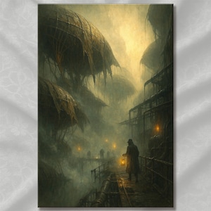 May include: An artistic print depicts a steampunk cityscape with airships and a figure holding a lantern. The scene is shrouded in mist, with a muted color palette of greens, browns, and yellows. The image evokes a sense of mystery and adventure.