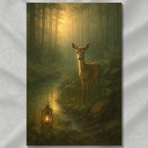 May include: A digital painting of a deer in a forest. The deer stands near a stream, illuminated by a warm light. A lantern glows in the foreground, and the background features tall trees and a soft, golden light.