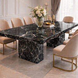 Luksusowy stół jadalny z czarnego marmuru Nero Marquina z podstawą na cokole | Nowoczesny prostokątny stół kuchenny z kamienia | Stół jadalny z włoskiego marmuru