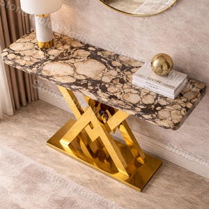 Custom Breccia Capraia Marble Console Table with Polished Gold Geometric Base – Luxury Italian Stone Entryway Table, Modern Sofa Table