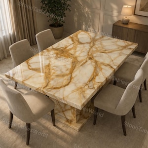 Luxury Gold Onyx Dining Table, Rectangular Natural Stone Table, Square Pedestal Base Dining Table, Modern Minimalist Dining Furniture,