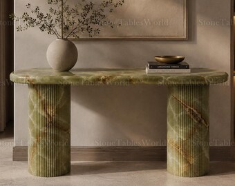 Luxury Green Onyx Console Table, Fluted Pillar Base Entryway Table, Oval Natural Stone Sofa Table, Mid Century Modern Foyer Furniture