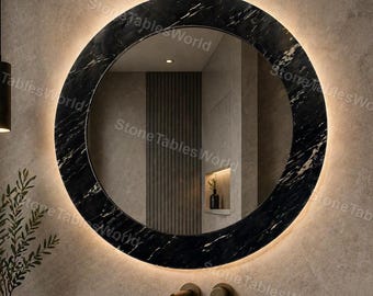 Nero Marquina Black Marble Round Mirror Frame, Luxury Stone Wall Mirror, Modern Bathroom Decor, Organic Round Marble Mirror, Handmade Mirror