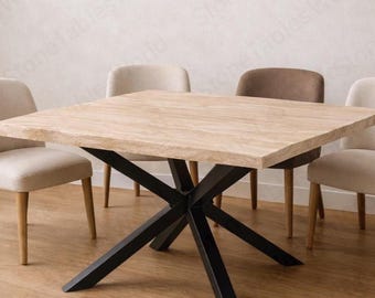 Square Travertine Dining Table | Natural Stone Kitchen Table | Minimalist Stone Dining Furniture | Modern Pedestal Dining Table