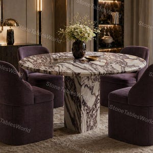 Mesa de comedor moderna orgánica de mármol Calacatta Viola, mesa redonda de mármol, mesa de comedor de piedra Japandi, mesa con base monolítica, muebles de lujo