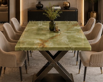 Luxury Green Onyx Dining Table | Handmade Natural Stone Dining Table | Mid Century Modern Onyx Table | Sculptural Statement Furniture