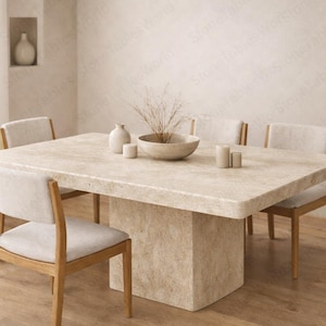 Modernt matbord i travertin | Rektangulärt köksbord i natursten | Minimalistisk piedestalbas | Specialdesignade möbler i krämmarmor