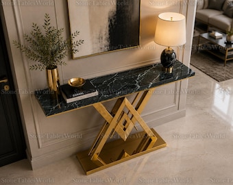Luxury Emerald Green Marble Console Table, Gold X-Base, Modern Hallway Sofa Table