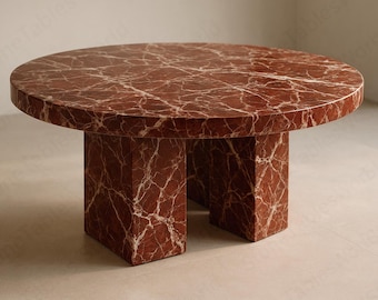 Red Marble Coffee Table | Rosso Levanto Round Center Table | Modern Minimalist Stone Pedestal Base | Luxury Italian Style Veined Table