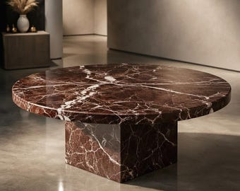 Handmade Round Rosso Levanto Red Marble Coffee Table | Italian Stone Center Table | Sculptural Marble Plinth | Modern Luxury Decor