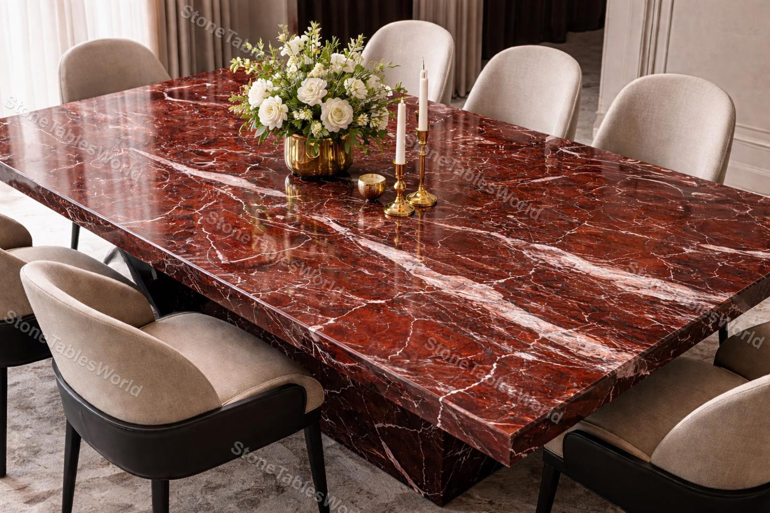 Luxury Red Marble Dining Table | Rectangular Rosso Levanto Stone Table ...