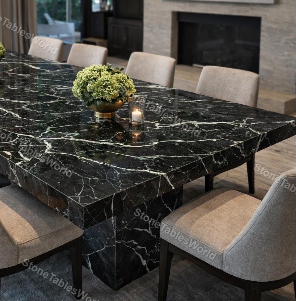Modern Black Spider Marble Dining Table | Luxury Black & White Veined ...